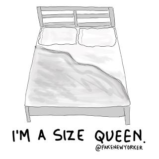 A bed labelled I&rsquo;m a size queen
